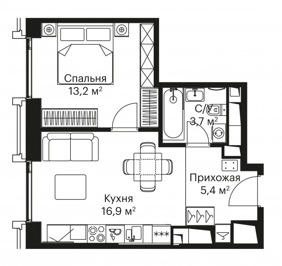 Двухкомнатная квартира 64 м²