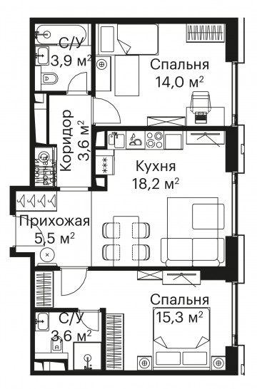 Двухкомнатная квартира 64 м²