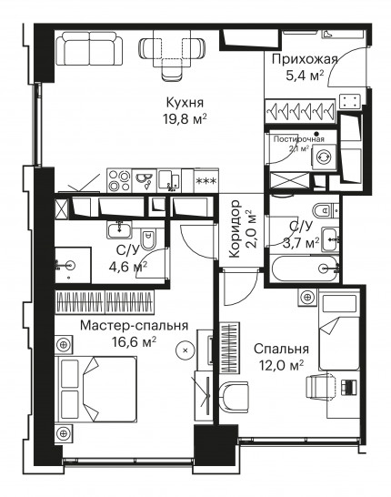 Двухкомнатная квартира 67 м²
