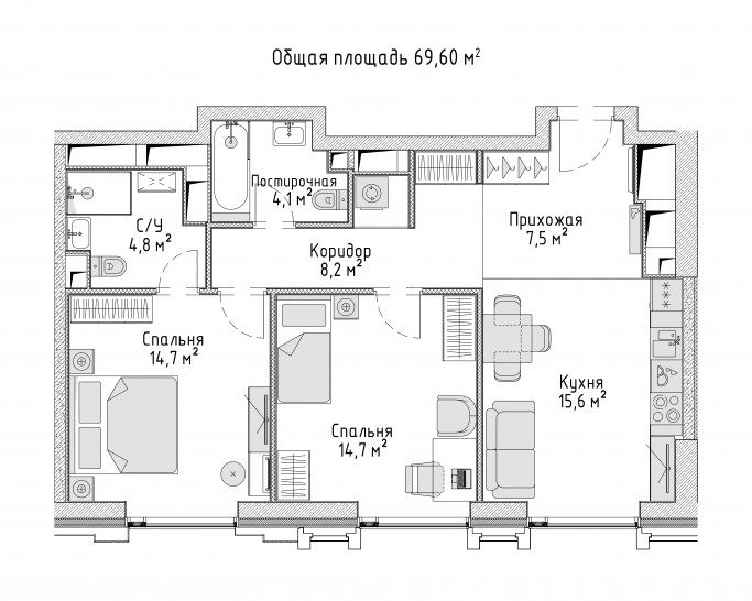 Двухкомнатная квартира 69 м²