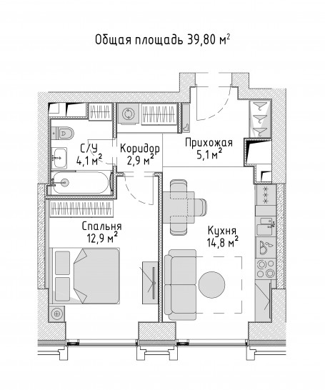 Однокомнатная квартира 39 м²