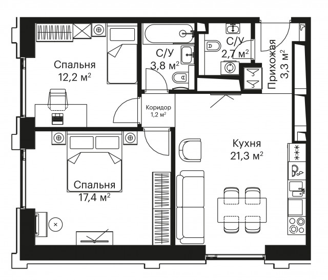 Однокомнатная квартира 40 м²