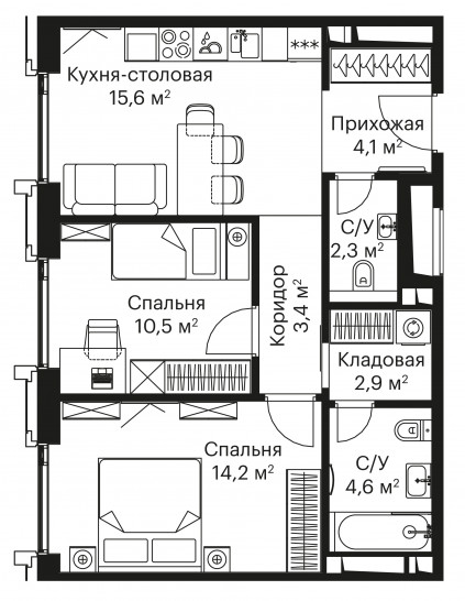 Двухкомнатная квартира 57 м²
