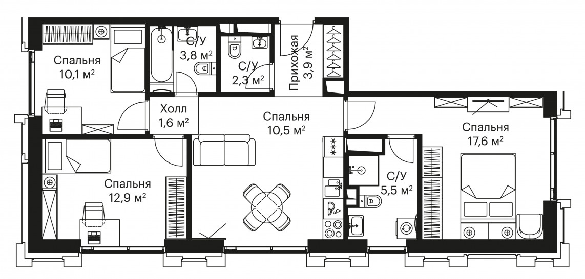 Трёхкомнатная квартира 76 м²