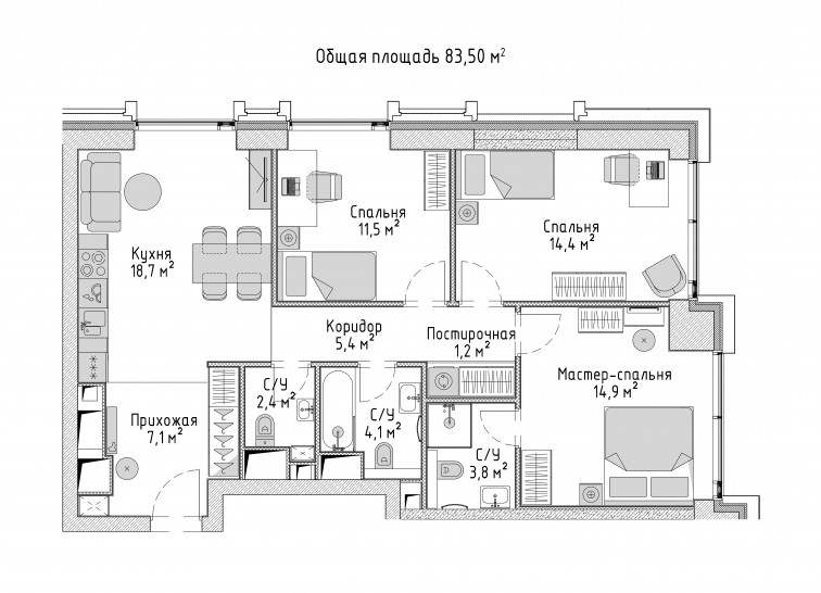 Трёхкомнатная квартира 83 м²
