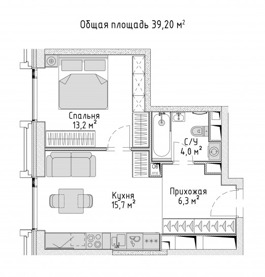 Однокомнатная квартира 39 м²